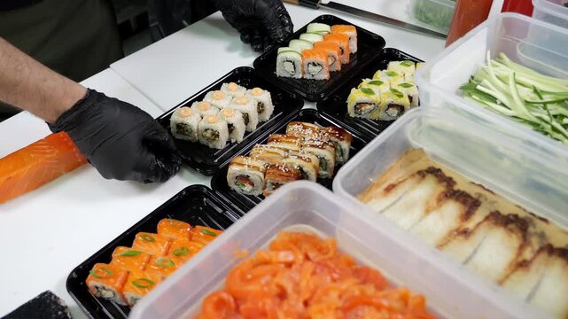 Close-up of a chef in black gloves preparing sushi, he slices them with a large knife. There are many different types of sushi on the table. Japanese restaurant. Close-up. Sushi delivery.