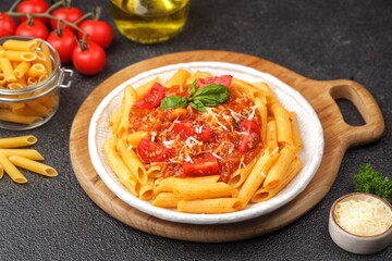 Fototapeta premium Penne Bolognese, delicious pasta with a rich meat sauce