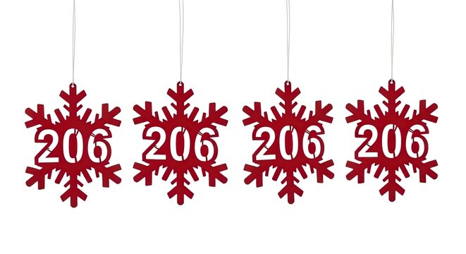 Decorative red snowflake ornaments with 206 numerals hanging on white
