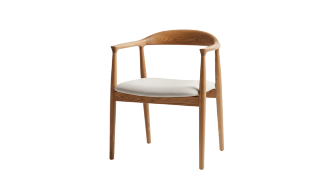 Minimalist wooden armchair with white cushion isolated on white background.