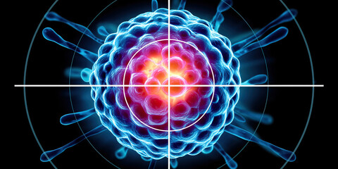 Targeted cancer cell under scope with reticle overlay showing therapy focus and cellular detail