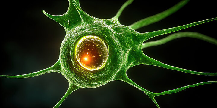 Bioluminescent fibroblast cell radiant nucleus glowing filamentous membrane scientific microscopy cellular structure luminescence