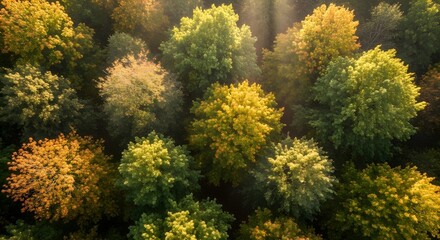 Aerial view of autumn forest canopy with vibrant colors and golden sunlight