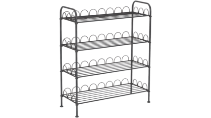 A simple grey metal rack with four shelves stands tall holding many pairs of shoes.
