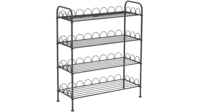 A simple grey metal rack with four shelves stands tall holding many pairs of shoes.