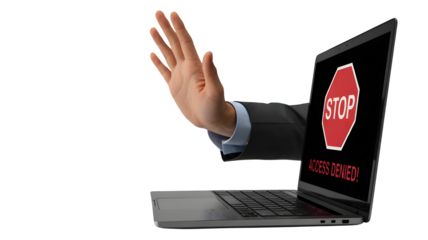 A hand emerges from a laptop screen showing a stop sign and the words access denied