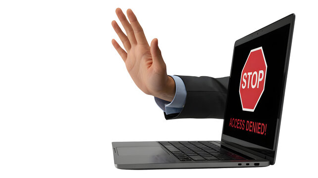 A hand emerges from a laptop screen showing a stop sign and the words access denied