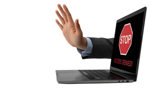 A hand emerges from a laptop screen showing a stop sign and the words access denied