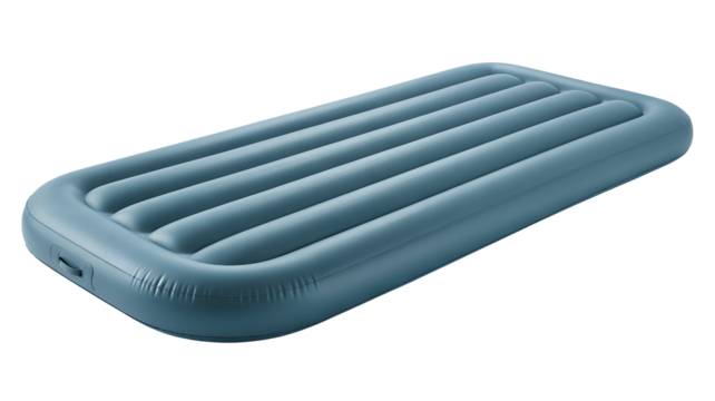 A blue inflatable sleeping mat rests on a black background.