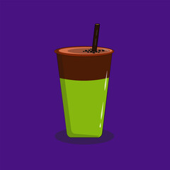 Cup of avocado chocolate and buble with a straw, with purple background
