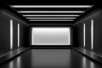 Sleek dark room, a bright rectangular screen. Neon lights illuminate.