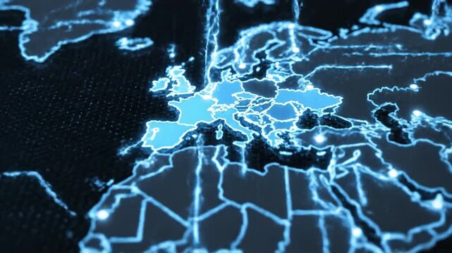 Digital glowing neon map of Europe highlighting countries and borders with futuristic technology, showcasing glowing network connections and blue lightning strikes symbolizing connection and energy
