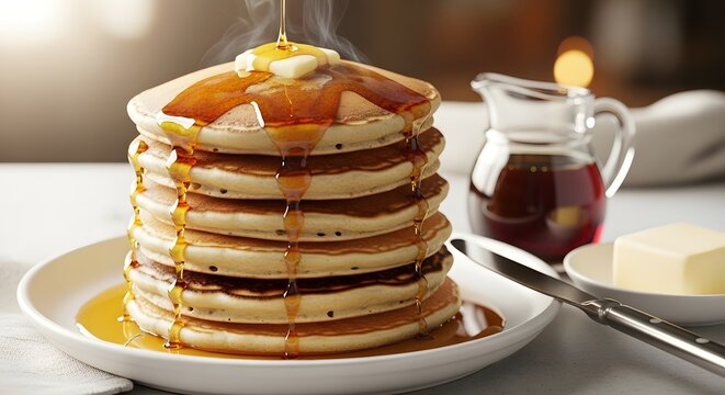 Stack of pancakes with maple syrup being poured on top for breakfast