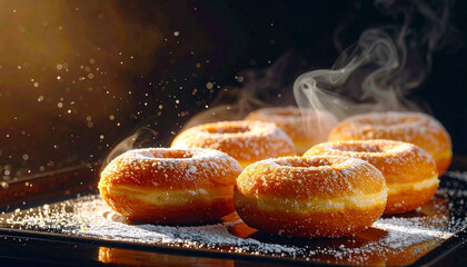 Freshly baked donuts sprinkled with powdered sugar, steaming and ready to enjoy, perfect for breakfast or sweet snack cravings any time of day