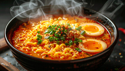Steaming bowl of spicy ramen with soft boiled eggs and fresh scallions creates an inviting, delicious culinary experience for food lovers