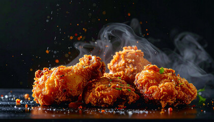 Enjoy sizzling, crispy fried chicken with savory spices and tantalizing smoke, perfect for a delicious meal or restaurant advertisement