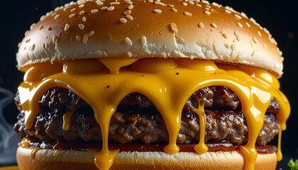 Juicy double cheeseburger dripping with melted cheddar, a mouthwatering temptation for food lovers and fast food cravings, perfect for social media ads