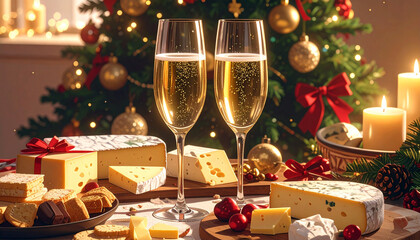 Celebrate a luxe Christmas with champagne and gourmet cheese, creating cozy memories and cherished holiday traditions with friends and family gathered around