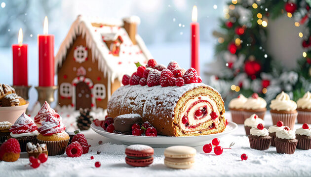 Indulge in holiday sweetness with a raspberry yule log cake, gingerbread house, and cupcakes for a festive celebration of joy and delicious treats