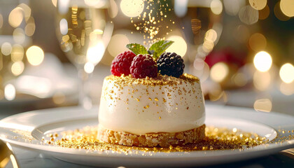Elegant panna cotta dessert with fresh berries and golden sprinkles for festive celebrations and gourmet dining experiences, a delightful holiday treat