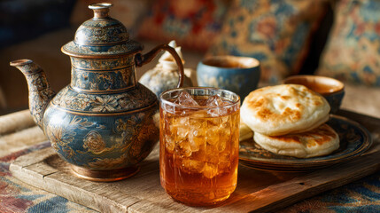 Ornate teapot and refreshing iced tea served with traditional flatbreads