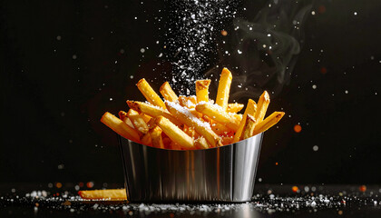 Golden fries sprinkled with salt against dark backdrop perfect for menu design and food blog posts, creating a craving for comfort food indulgence