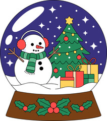 Festive snow globe with snowman, adorned Christmas tree, and gifts for winter holidays
