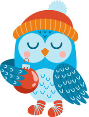 Festive cartoon owl wearing a warm hat holding a Christmas ornament with closed eyes