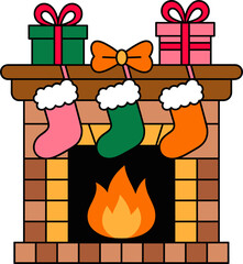 Festive fireplace with holiday stockings and Christmas gifts creates warm cheer vibe