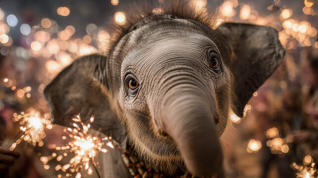 Close-up of an elephant calf against a backdrop of sparklers.
