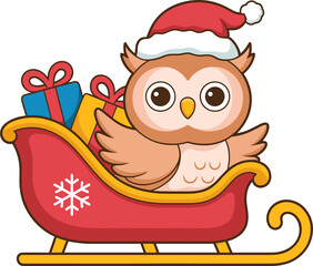 Adorable Christmas owl wearing Santa hat in sleigh with gifts ready for holiday fun