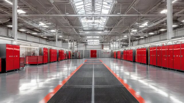 Clean Automotive Workshop With Rows Of Red Tool Cabinets And A Center Aisle With Red And Black Floor Markings Under Bright Overhead Lighting