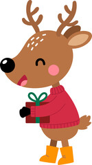 Festive reindeer smiles, delivering a Christmas gift wrapped with green ribbon joyfully