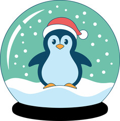 Cute Christmas penguin wearing Santa hat in snow globe for holiday greeting cards