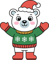 Adorable polar bear celebrating Christmas in festive sweater and Santa hat graphic