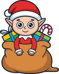 Whimsical Christmas elf delivering holiday cheer in a bag filled with gifts and candy