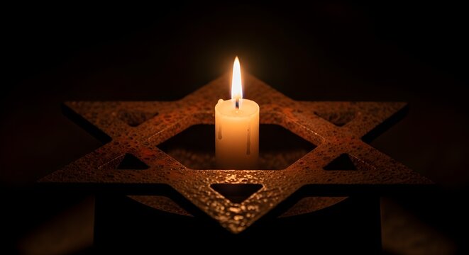 A single white candle burns brightly in the darkness, centered within the frame of an antique, rustic Star of David holder made of metal.