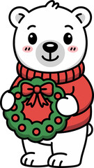 Adorable polar bear wearing festive Christmas sweater holding a holiday wreath design