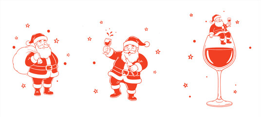Funny Santa Drinking Wine Illustration Set – Christmas Holiday Santa Clipart