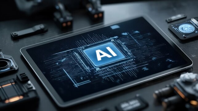 Tablet with ai interface surrounded by technology components