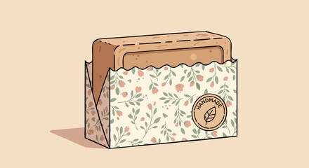Natural soap packaging, eco friendly bar in decorative floral wrap with handmade soap design and organic care emphasis, suitable for poster design, article header, and product mockup.