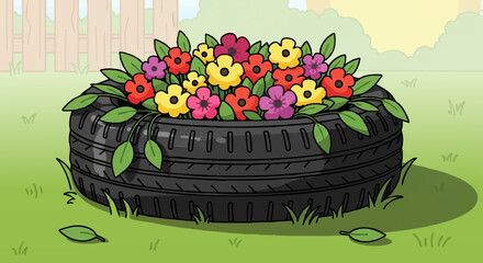 Upcycled tire planter, creative floral reuse with recycled garden container and colorful blooms in an eco friendly planter, suitable for poster design, article header, and eco-themed product mockup.