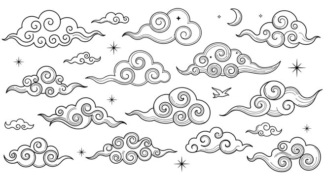 Hand-drawn set of traditional Asian-style clouds with stars, moon, and a bird, depicting an oriental sky motif.