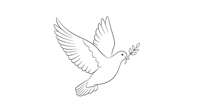 A graceful line art illustration of a dove in flight, holding an olive branch, symbolizing peace, hope, and new beginnings.