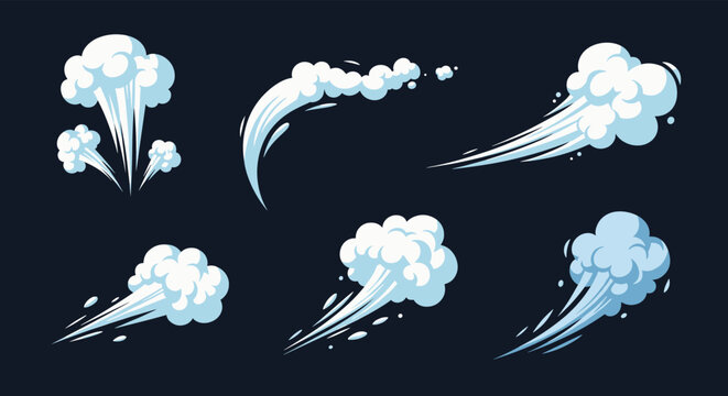 Dynamic cartoon speed lines, steam, and wind effects for expressing rapid movement, energy, and impact in comics and animation.