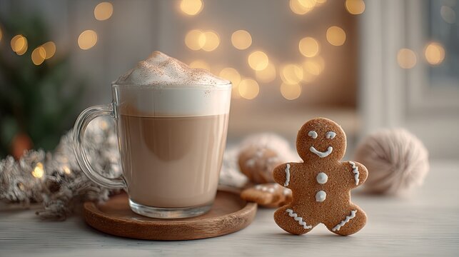 A festive scene featuring a latte topped with a cheerful gingerbread man - Powered by Adobe
