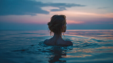 Back view of a woman in ocean water gazing a horizont. After-sunset delicate lighting, dreamy tranquil feeling