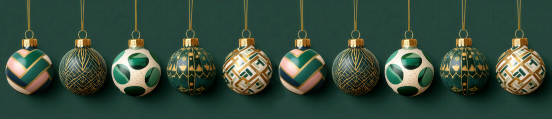 Lined up Christmas ornaments with abstract geometric painted patterns on deep green background. Large banner size