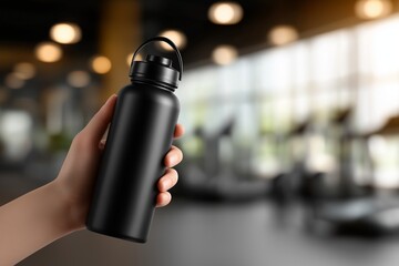 Hand holding a black sport bottle mockup in a softly blurred gym environment, showcasing fitness lifestyle and hydration concept with copy space for design
