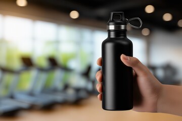 Hand holding a black sport bottle mockup in a softly blurred gym environment with fitness equipment in the background, showcasing hydration and active lifestyle concept
